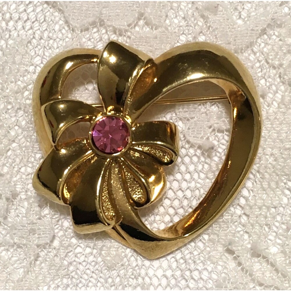 Vintage Heart Ribbon Brooch Pink Rhinestone signed Avon